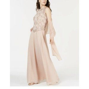 J Kara Beaded Chiffon Long Maxi Gown Dress Beige Cocktail Wedding Formal Sz 8